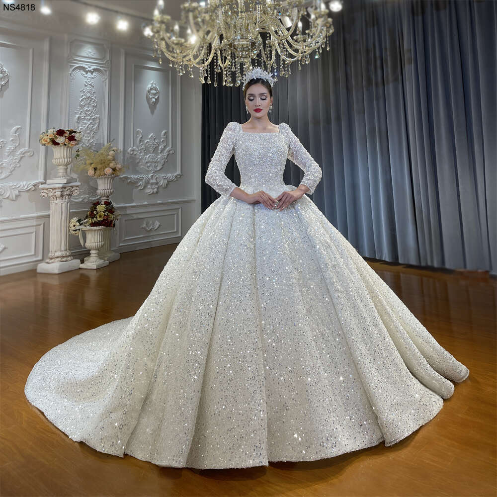 Custom made Muslim Square Sequins Shiny Wedding Dress Sequined Detachable Train Sleeveless Princess Bride Vestido De Noiva Custom Made