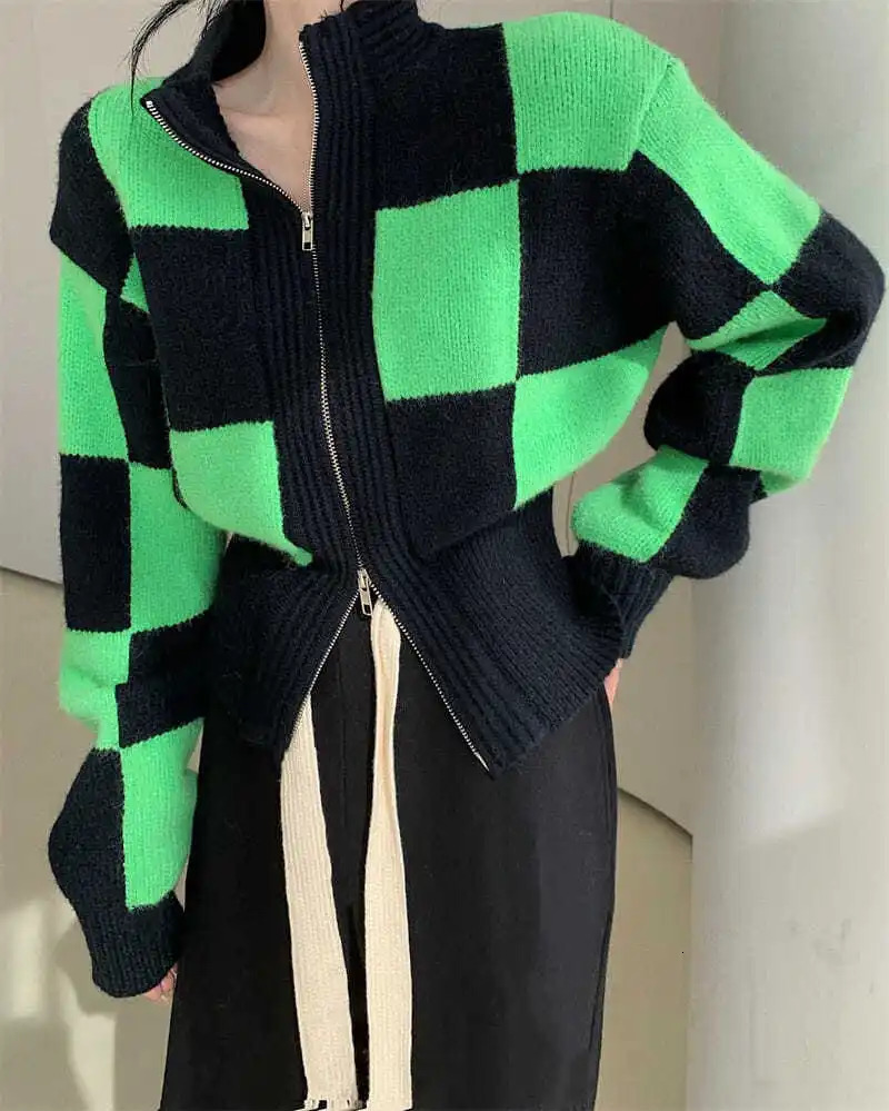 Korobov Korean Elegant Women Turtleneck Crop Cardigans Japanese Hit Color Plaid Harajuku Cardigan Vintage Zipper Sweaters 241007
