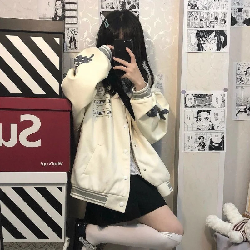 HOUZHOU Retro Y2K Baseball Jacket Womens Grunge College Oversized Bomber Jacket Harajuku Style Fashion Street Clothing 241011