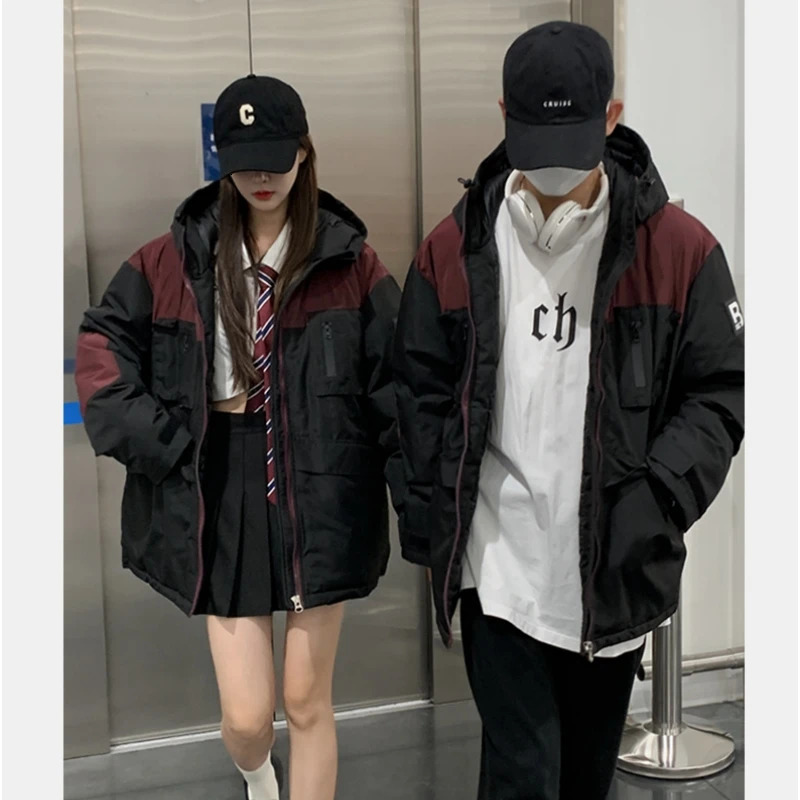 Womens down jacket black winter Korean fashion Y2K style stand up collar chic warm red womens jacket cotton jacket 241009