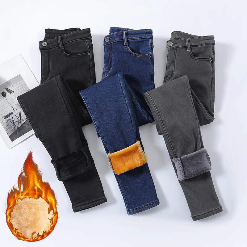 Women Thermal Jeans Winter Snow Warm Plush Stretch Lady Skinny Thicken Students Denim Pants Fleece Mom Fur Trousers 241009
