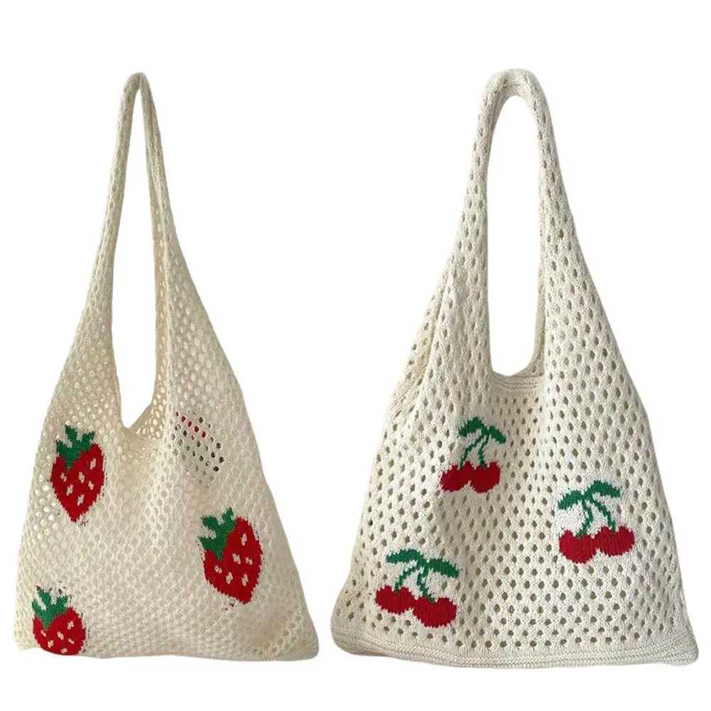 Womens Fashion Strawberry Cherry Pattern Crochet Handbag Large Capacity Shoulder Bag Casual Handbag Cute Fashion Bag Knitted Bag Y241011