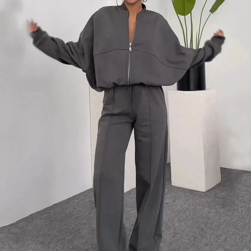 Womens twopiece long pants set solid loose casual full elegant zipper jacket wide leg high waist 241008