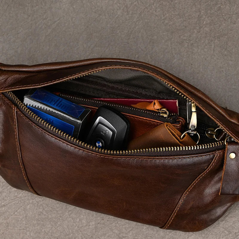 Mens leather chest bag cross body shoulder bag mens leather waist bag outdoor sports shoulder bag 241008