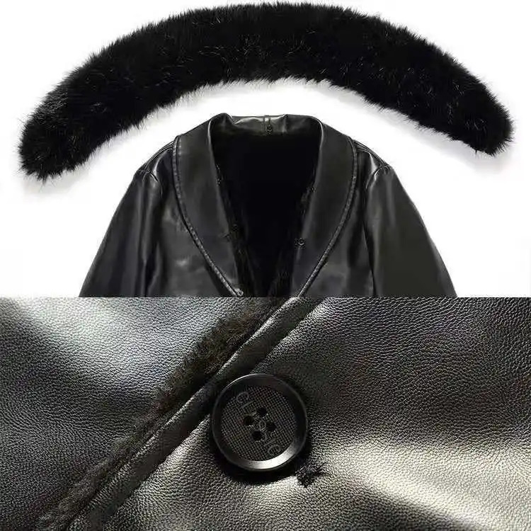 Winter faux fur collar PU leather mens velvet thick warm fluffy coat long sleeved casual black windproof jacket mens plus size 240927