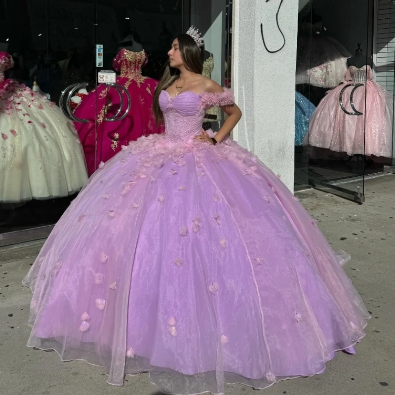 Lilac Quinceanera Dresses Ball Gown Off The Shoulder 3D Flowers Beads Crystal Tull Corset Sweet 16 Vestidos 15 De XV Anos