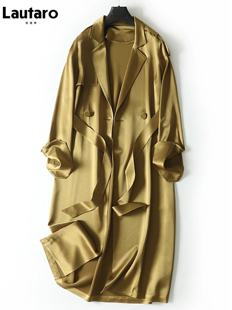 Lautaro Spring Autumn Long Soft Elegant Flowy Satin Acetate Trench Coat for Women High Quality Chic British Fashion 241008