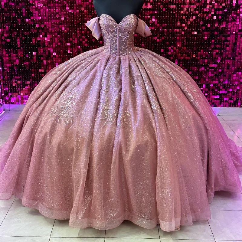 Luxury Pink Shiny Quinceanera Dresses Lace Beads Crystal Tull Sweethear Princess Sweet 16 Year Birthday Party Gown Vestido De 15 Anos