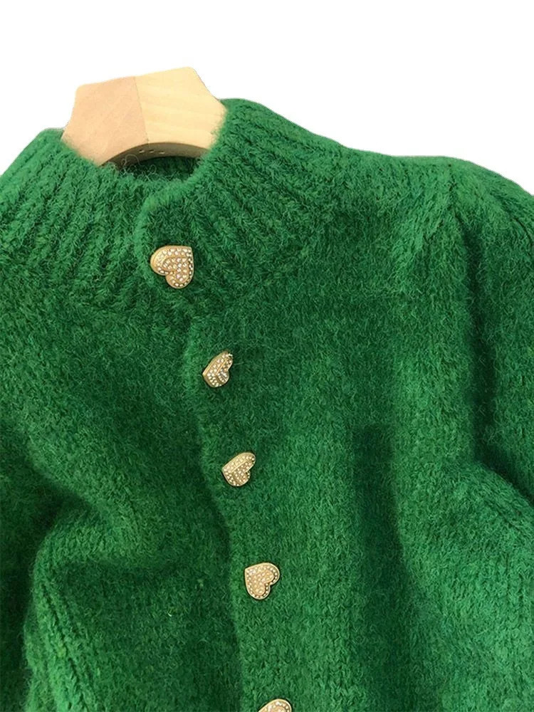 Green Knitted Cardigan Sweaters Autumn Half High Collar Sweet Casual Korean Fashion Winter Jacket 241007