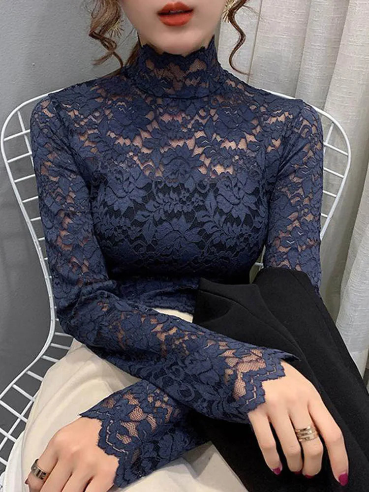 Autumn Women Thin Black Lace T shirt Sexy Turtleneck Long Sleeve Slim Crochet Patchwork Tee Tops 241011