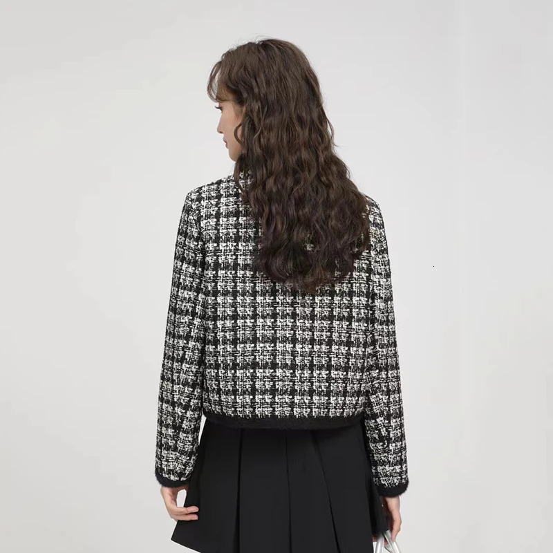 Vintage bow tweed jacket womens autumn Korean elegant single chest lapel jacket Y2K womens winter thick warm crop jacket 240930