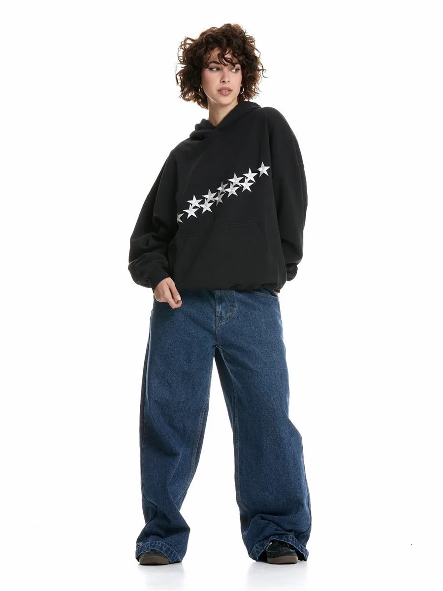 Womens unisex hooded long sleeved star printed kangaroo pocket sweater for spring and autumn casual loose jacket Y2K 241011