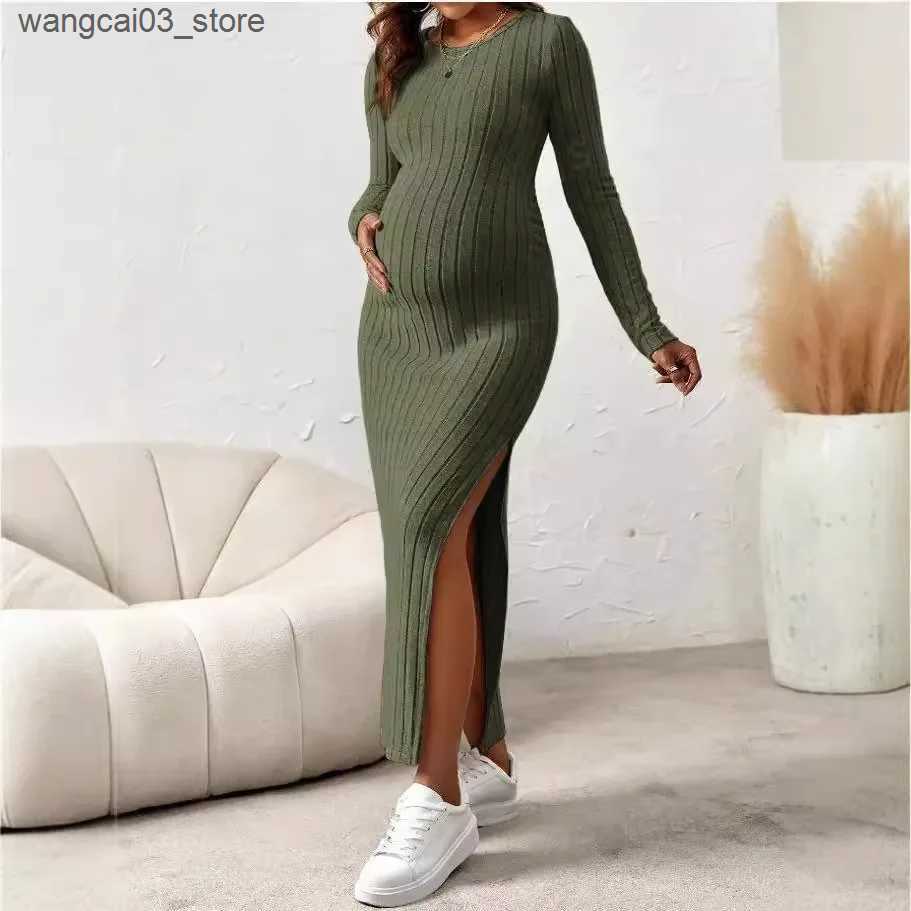 Maternity Dresses Side Splits A Line Slim Knitted Dress Maternity Autumn Winter American Casual Long Sleeve Clothes for Pregnant Women Pregnancy L2409