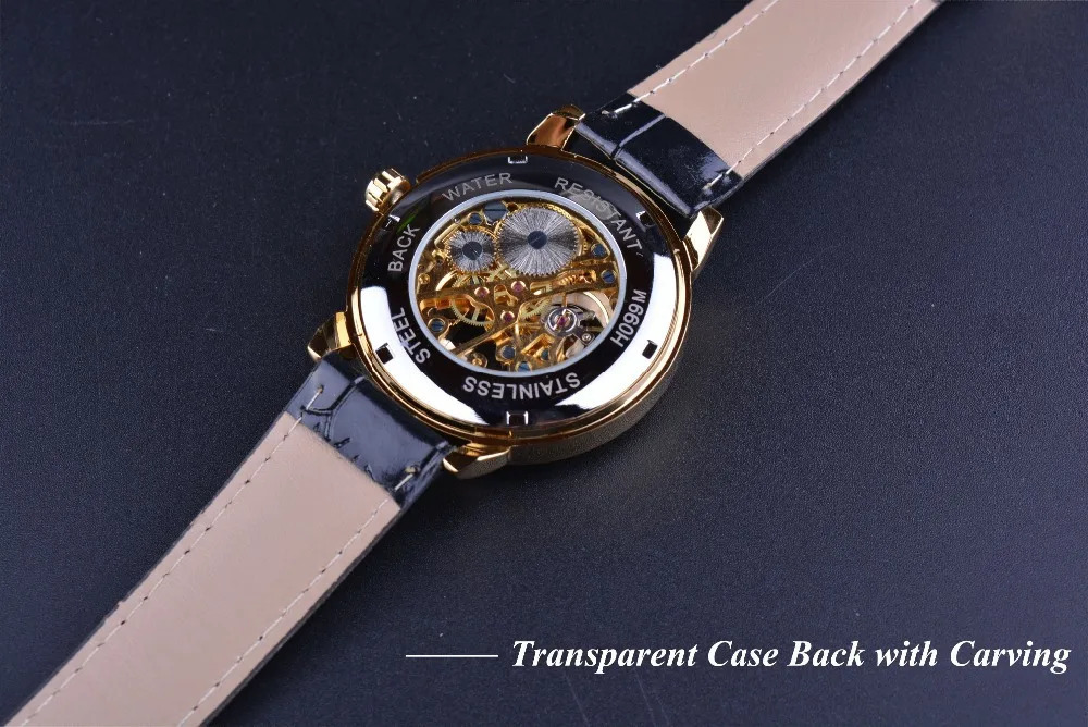 Forsining 3D Hollow Carving Black Gold Case Leather Skeleton Mechanical Watch Mens Heren Horloge 241009