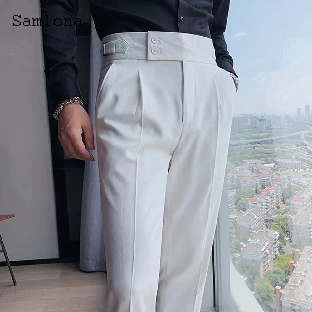 Mens standing pocket elegant formal suit pants pure white party dress Italian Naples fashion button 241010