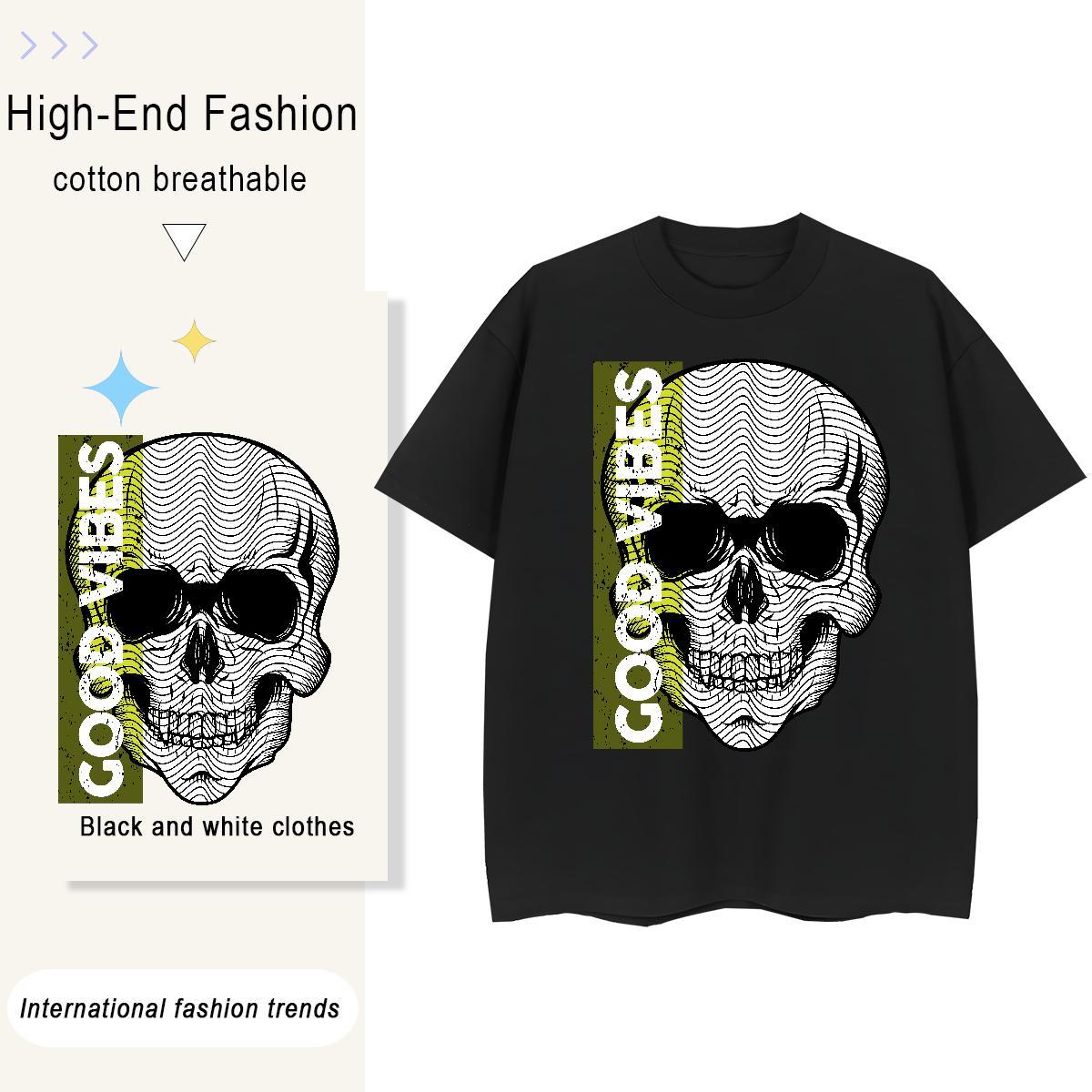 Fashion New Women T Shirts 100% Cotton 230g Breathable Crew Neck Street Wear skull Tshirt for Man Woman Loose Black Oversized Tee Shirt