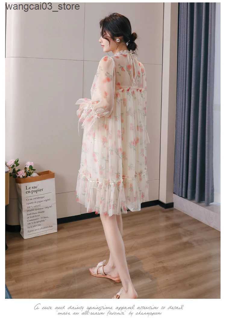 Maternity Dresses Summer Fashion Maternity Mesh Dress Elegant Long Flare Sleeve Beaded Drawstring Collar Pregnant Woman Fishtail Dress Mini Dress L240