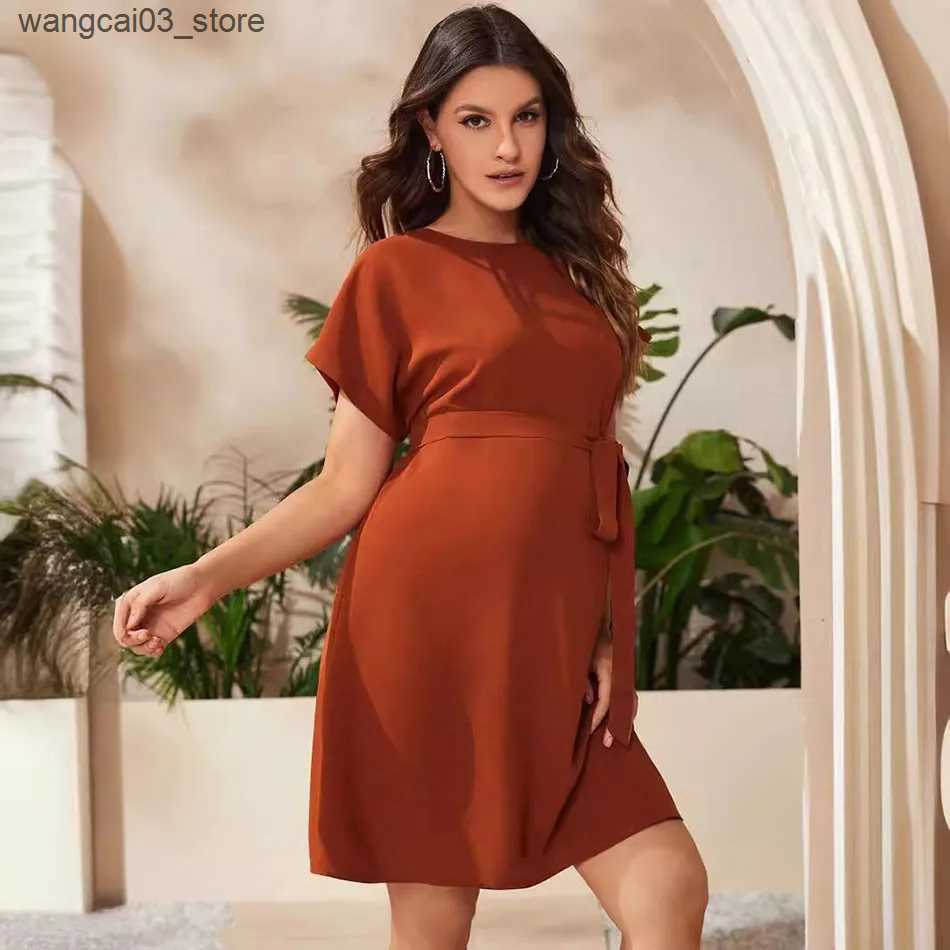 Maternity Dresses Pregnant Woman Bat Sleeve Waist Tied Dress Pregnant Women Solid Color Lace Up Round Neck High Waisted Dress Women Casual Dress L2409
