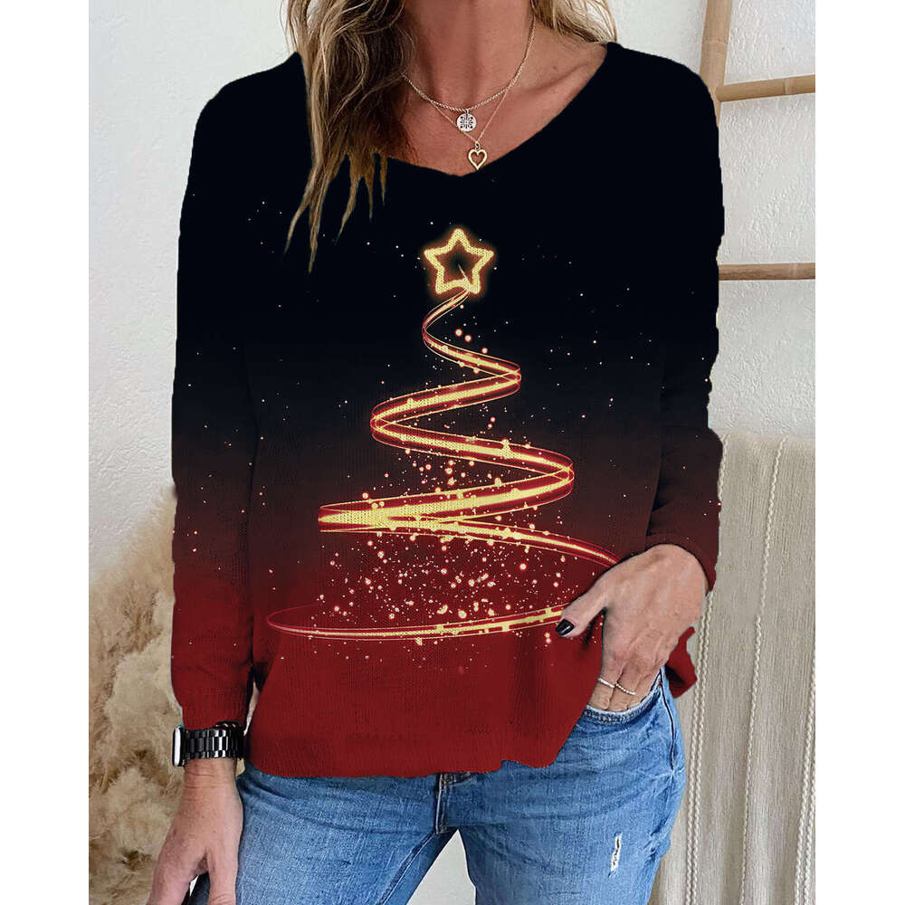 2024 Winter Digital Printed Sweater V-neck Front Short Rear Long Side Split Christmas Tree Line Print, Female