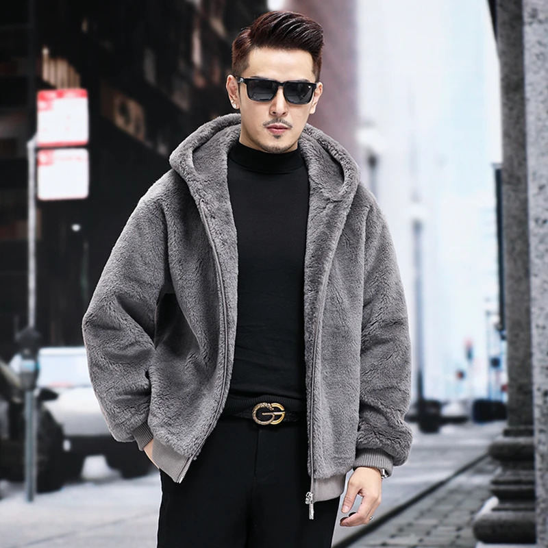 Leather fur coat mens short thick warm loose hooded cashmere sheepskin integrated jacket autumn winter fashion casual high-end 240927