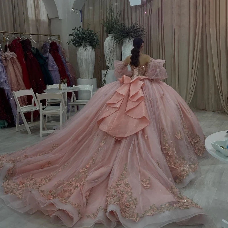 Pink Quinceanera Dresses Ball Gown Off Shoulder Sweet 16 Dress Bow Beads Tull Birthday Party Vestidos 15 De XV Anos