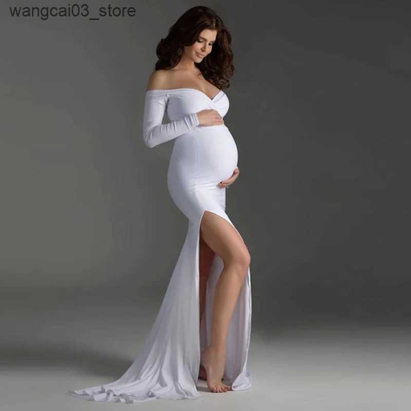 Maternity Dresses Spring Autumn Solid Long Sleeve Off Shoulder Maxi Long Elegant Sexy Maternity Dresses Photo Shoot Pregnant Women Dress Pregnancy L24