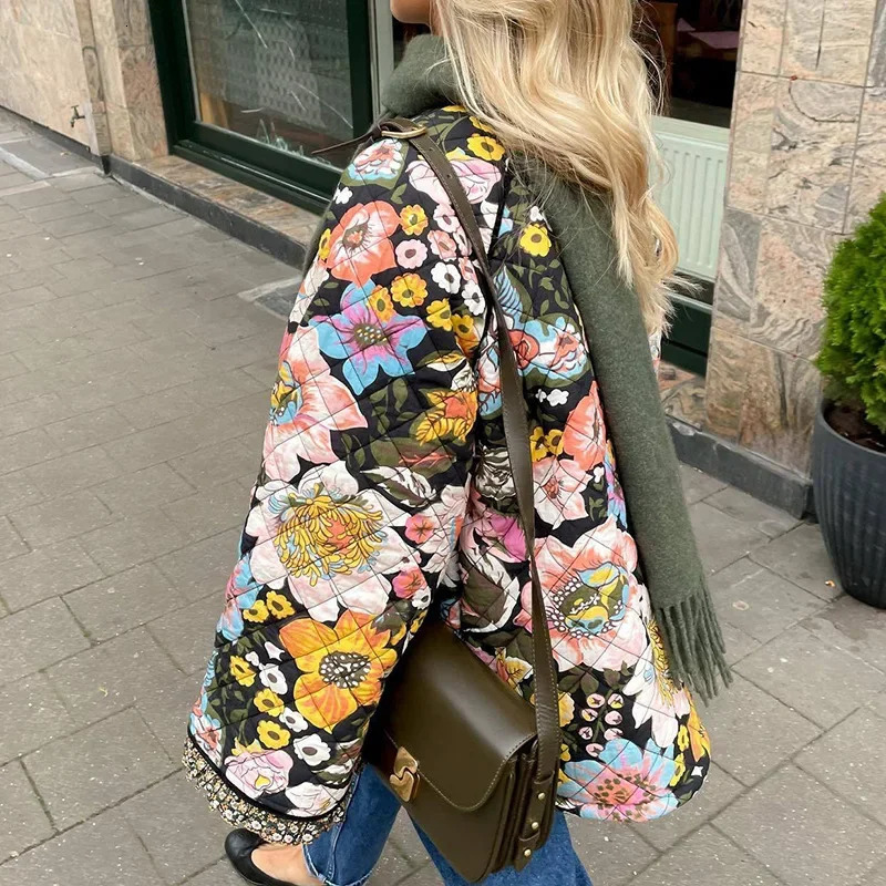 Vintage floral printed cotton coat womens wool thick warm long sleeved quilted jacket autumn and winter clothing 241010