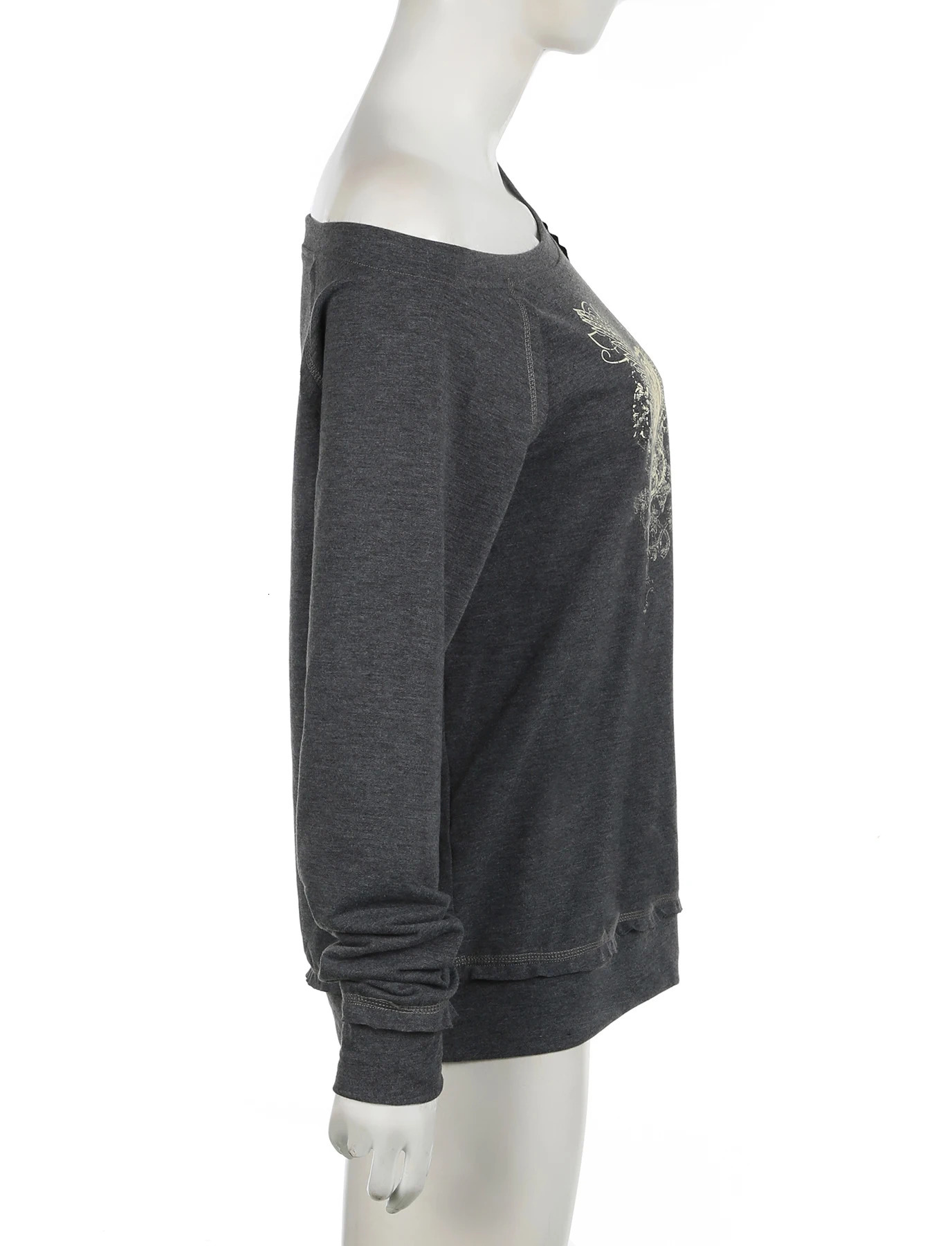 Rockmore retro printed diagonal neck sweatshirt loose womens casual long sleeved pullover top shoulder Y2K Grunge Fairycore fabric 241010