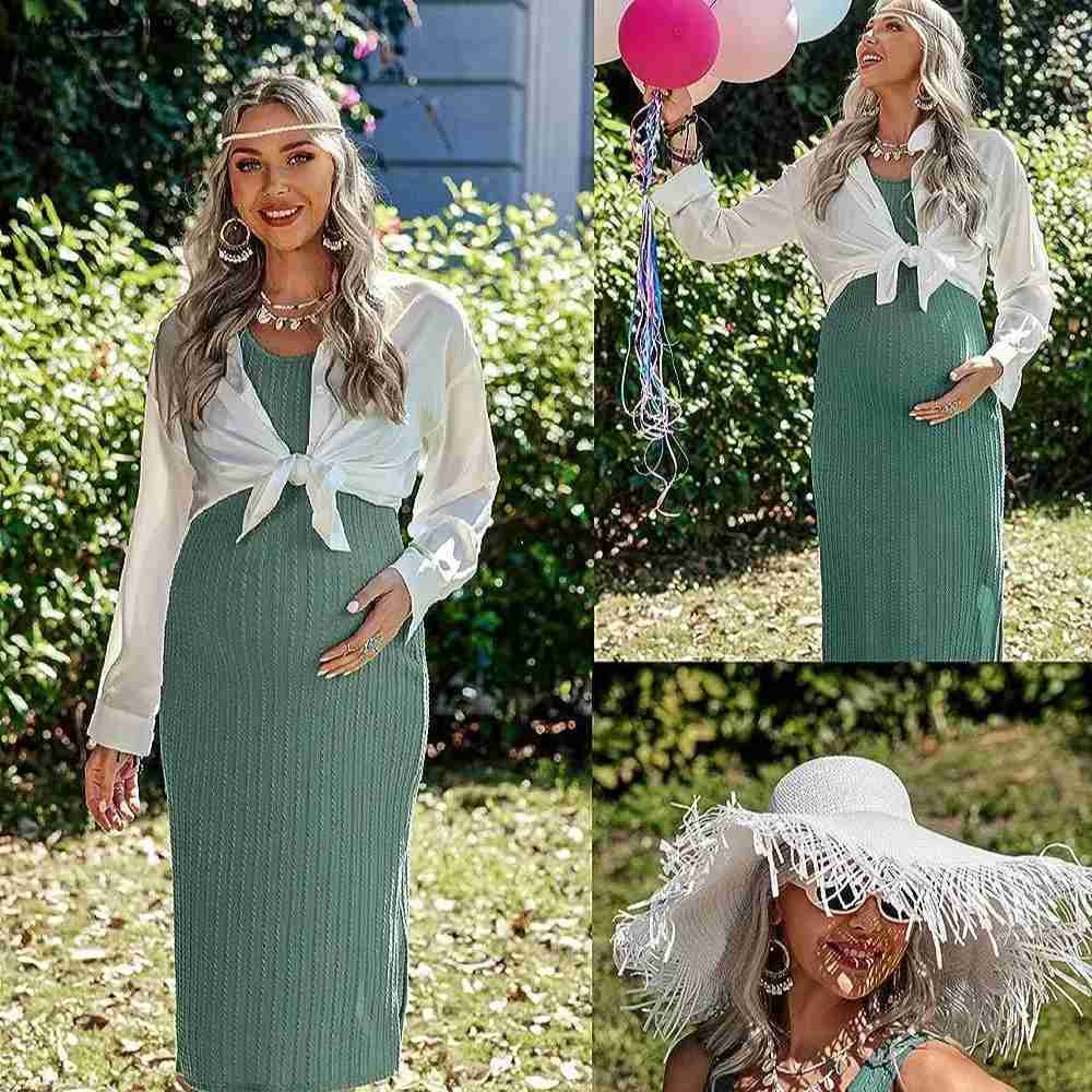 Maternity Dresses Womens Maternity Dress Rib Knit Sleeveless Tank Side Slit Bodycon Dresses Pregnancy Clothes S-XXL L240910 L240910