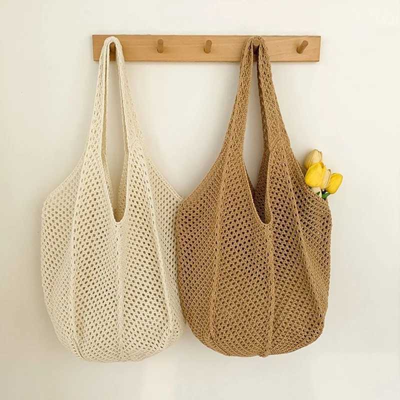 Womens crochet handbag mesh beach bag large capacity fashionable knitted shoulder bag solid color simple shopping bag Y241011