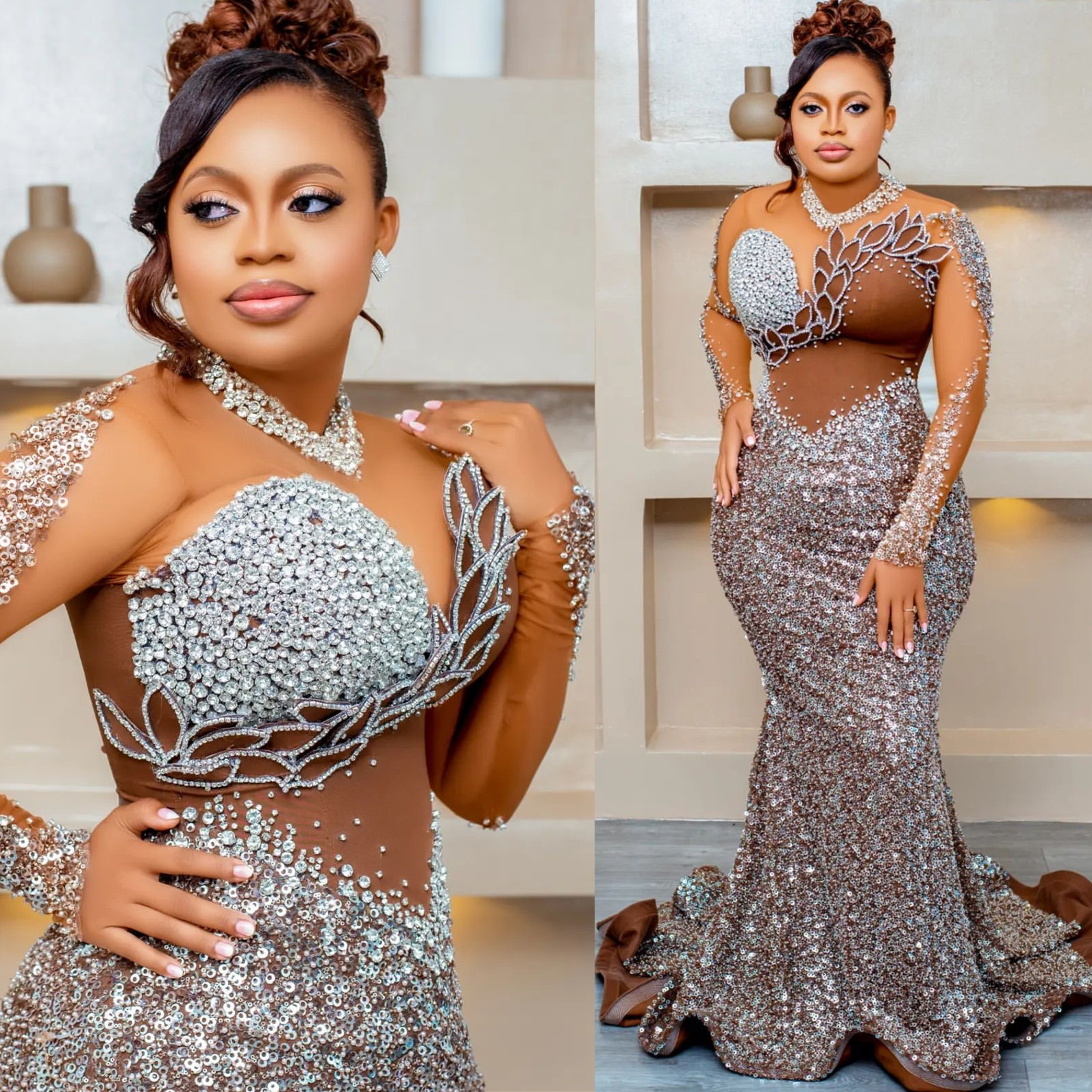Aso Ebi 2024 Brown Illusion Mermaid Prom Dresses Rhinestones Florals Sequined Evening Formal Party Second Reception Birthday Gowns Dress For Special O