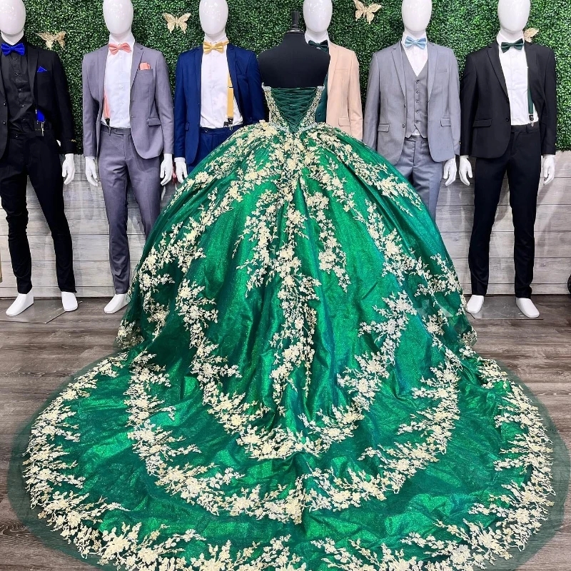 Emerald Green Ball Gown Quinceanera Dresses Sweet 16 Dress Off the Shoulder Gold Appliques Lace Beads Corset Birthday Party Vestidos De 15 Anos