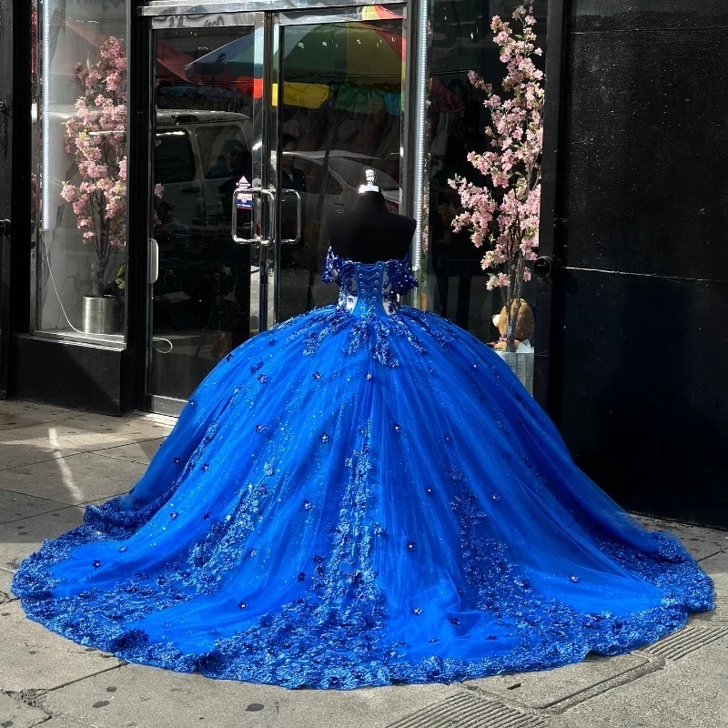 Blue Shiny Quinceanera Dresses Ball Gown Applique Lace Beads Birthday Party Lace Up Graduation Gown Vestido De 15 Anos Sweet 16 Dress