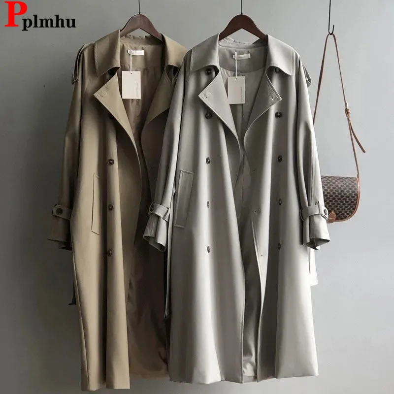 Classic long trench coat womens spring chic khaki double chest with badina jacket Korean casual windproof machine Abrigos Casacos 240927