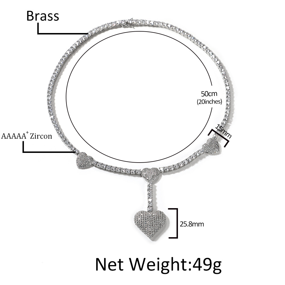 Hip Hop Love Heart Pendant Necklace 5A Zircon with Tennis Chain Jewelry 18K Real Gold Plated Jewelry