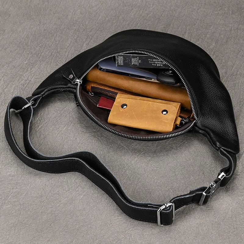 Mens genuine leather waist bag Fanny bag with mobile phone bag Mini travel bag Mens cross body bag Black 241008