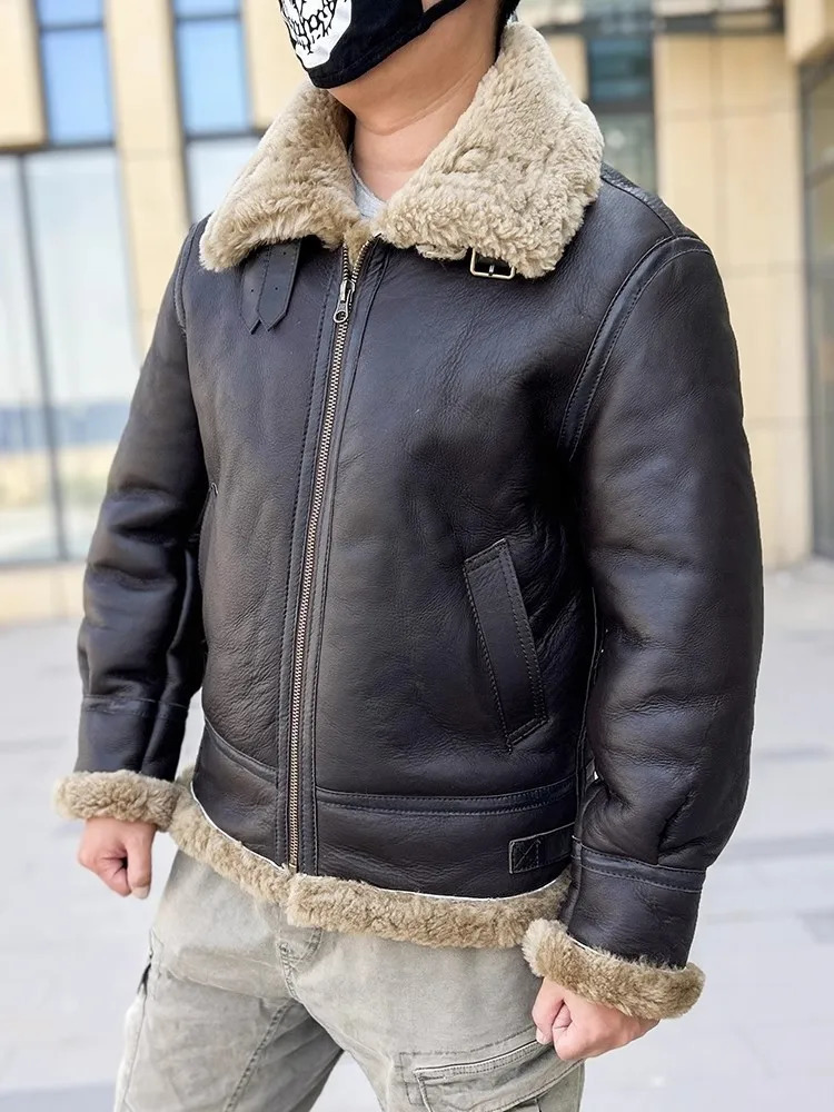 Winter genuine leather Pilot jacket with warm wool lining and wool short jacket for street wear mens genuine leather motorcycle jacket size 5XL 6XL 24