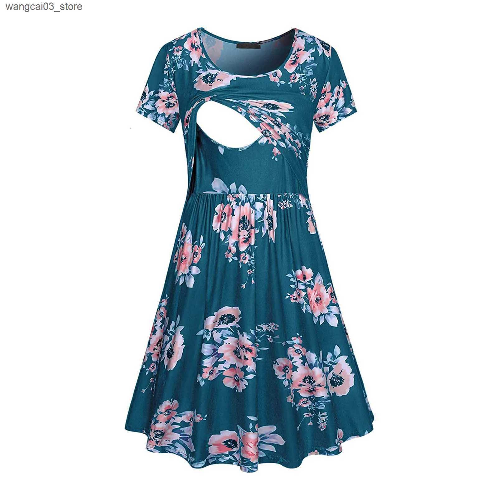 Maternity Dresses New Maternity Dresses Pregnant Women Nursing Dress Breastfeeding Floral Print Short Sleeve Maxi Dress Lactation Clothes L240910