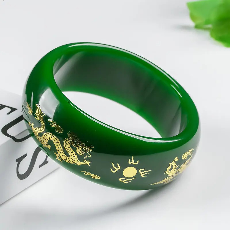 Natural Green Jade Bracelet Hand drawn Dragon Phoenix Heart Sutra Charm Exquisite Jewelry Talisman Round Bracelet 241007