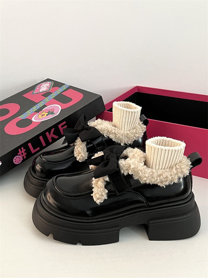 Women Fashion Casual Thick Sole Increase Height Leather Shoes Vintage Style Versatile Winter Warm Triple Black Beige Brown fashion