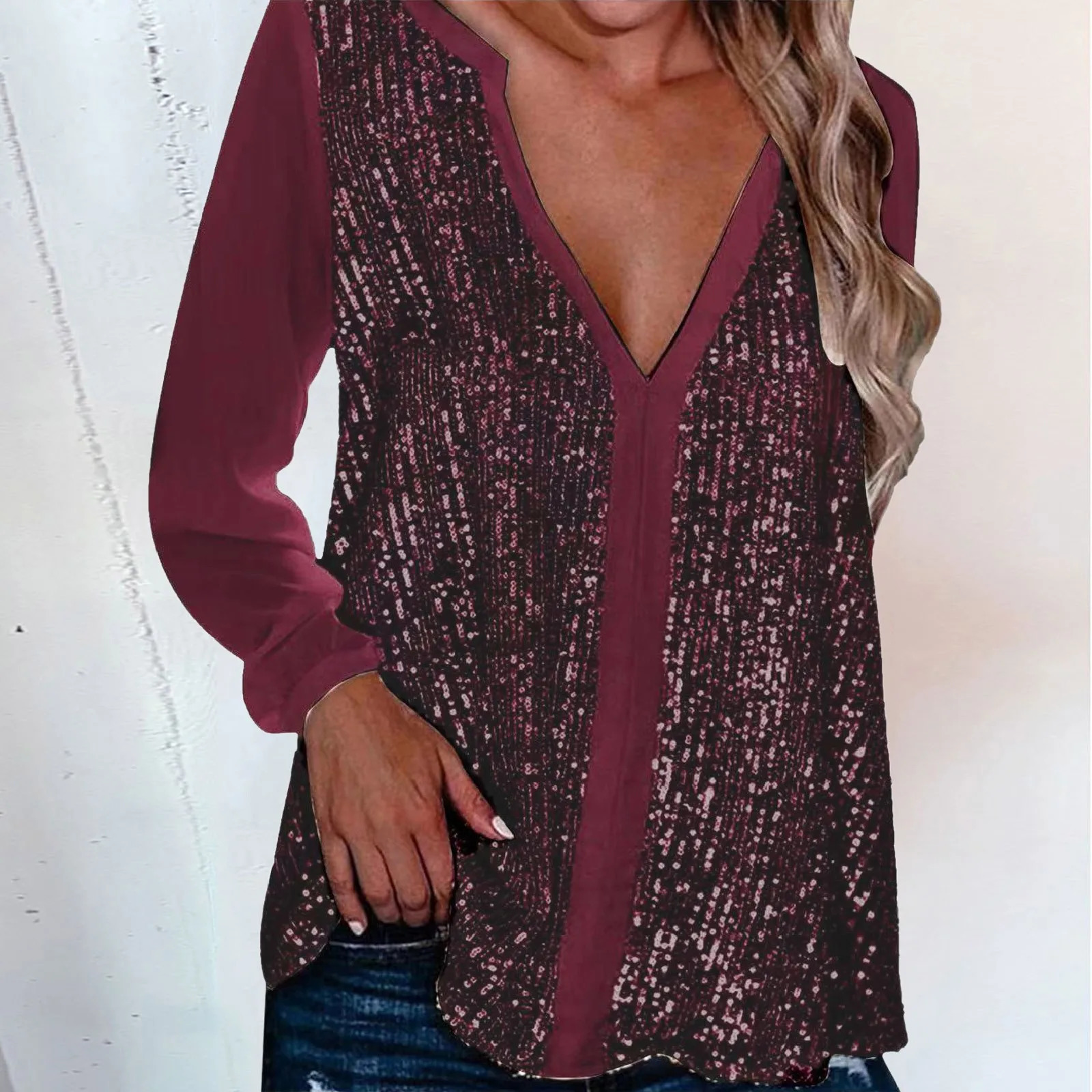 Womens Collar Loose Sexy Plus Size Tops Casual Color V Neck Sequin Blouse Long Sleeve WomenS Shirt 241011