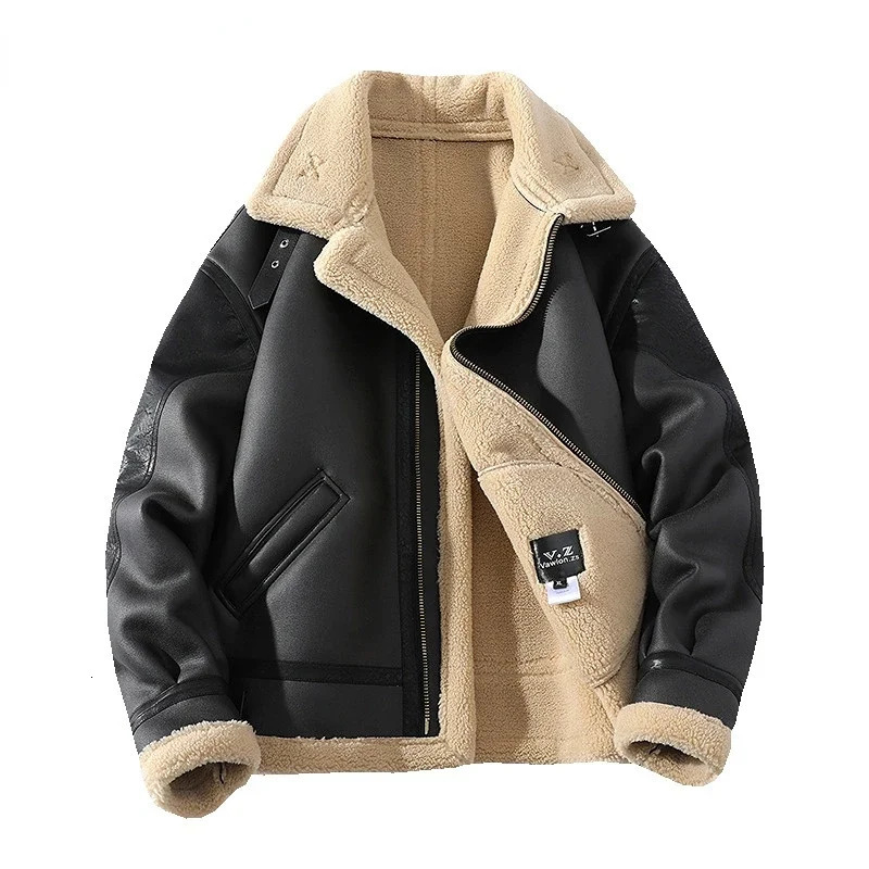 Mens leather thick jacket winter warm coat patch work artificial cashmere fur lapel coat plus size M-5XL 240930