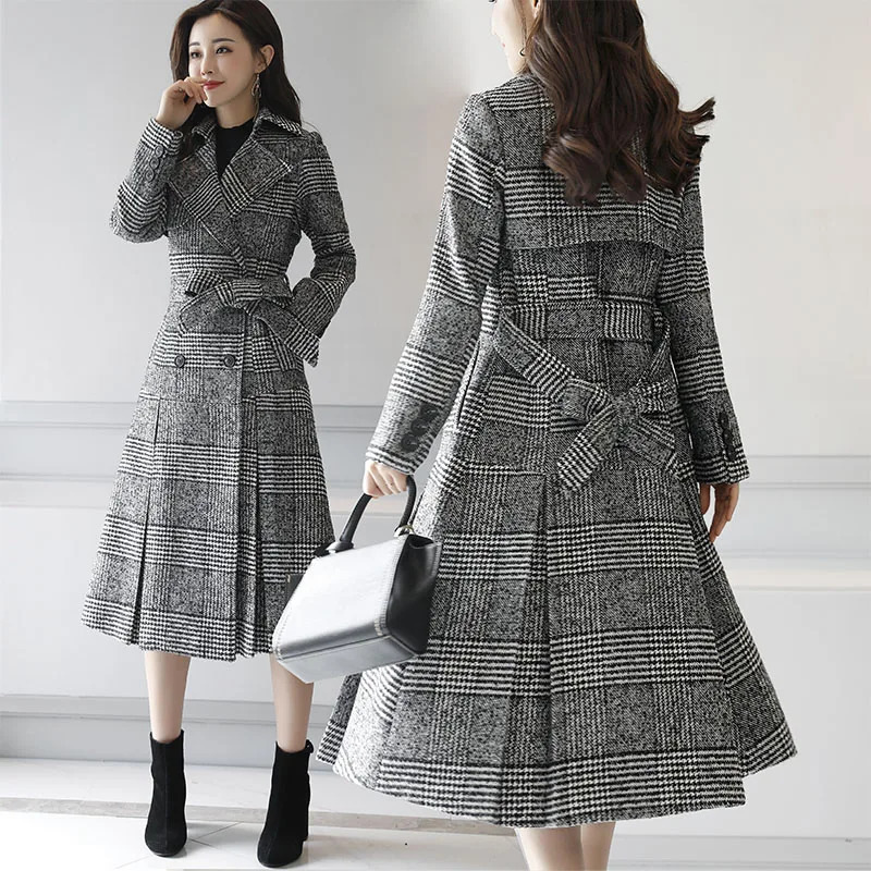 medium to long double-layer waist wool coat ultra-thin black and white checkered windproof high-end womens clothing 240927