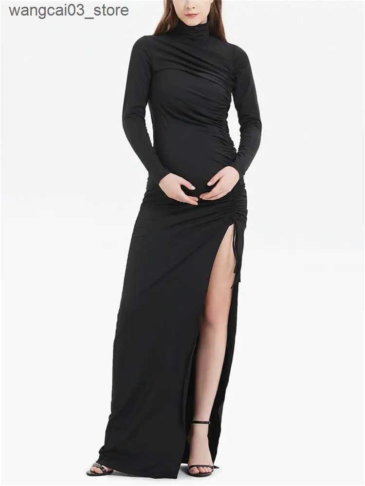 Maternity Dresses Maternity Women Drawstring Side Slit Long Dresses Baby Shower Photoshoot Dress Pregnant Women Clothes L240910