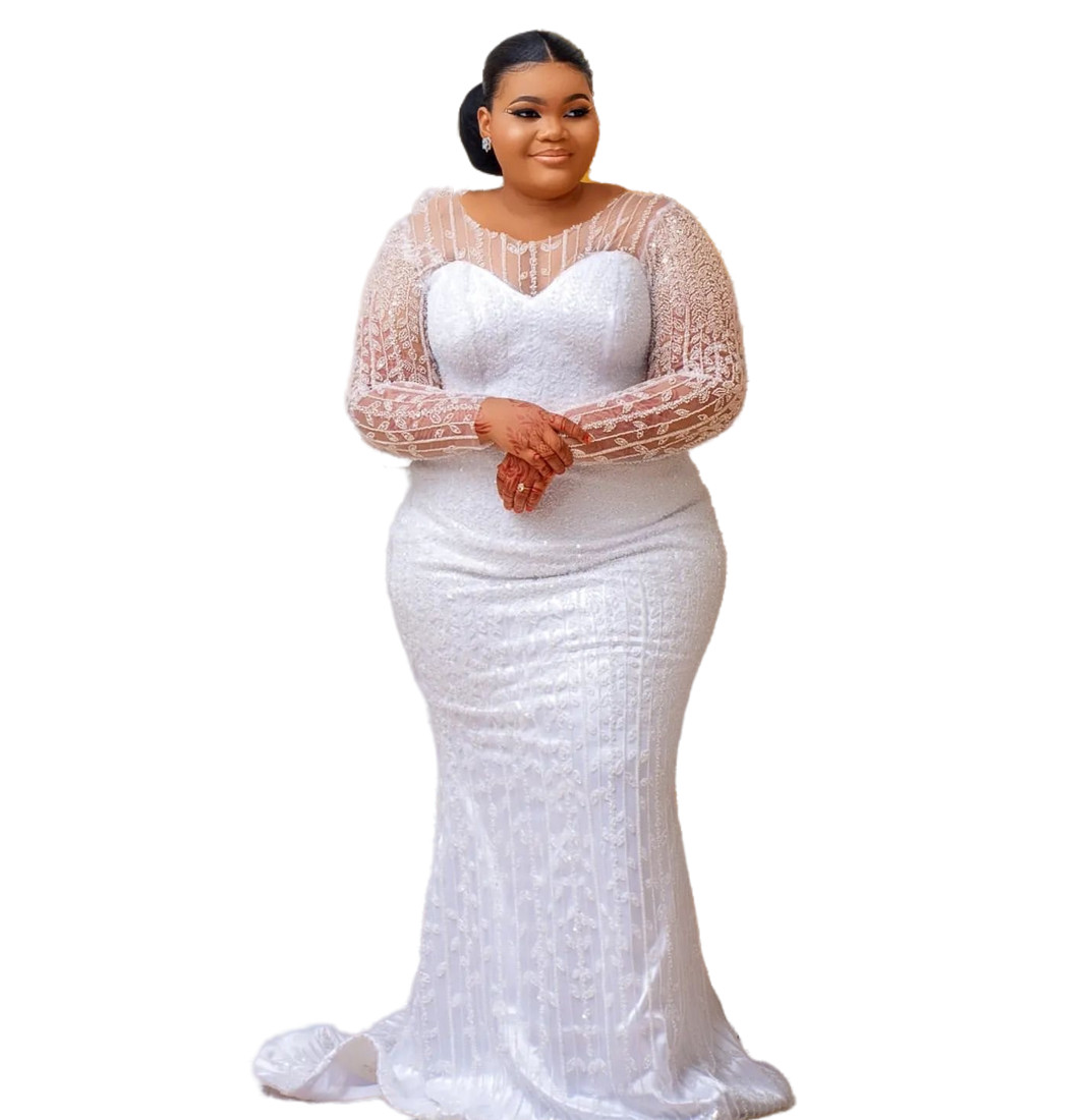 2024 Arabic Aso Ebi Plus Size White Mermaid Wedding Dresses Full Sleeves Sequined Lace Vintage Elegant Bridal Gowns Dress ZJ6454