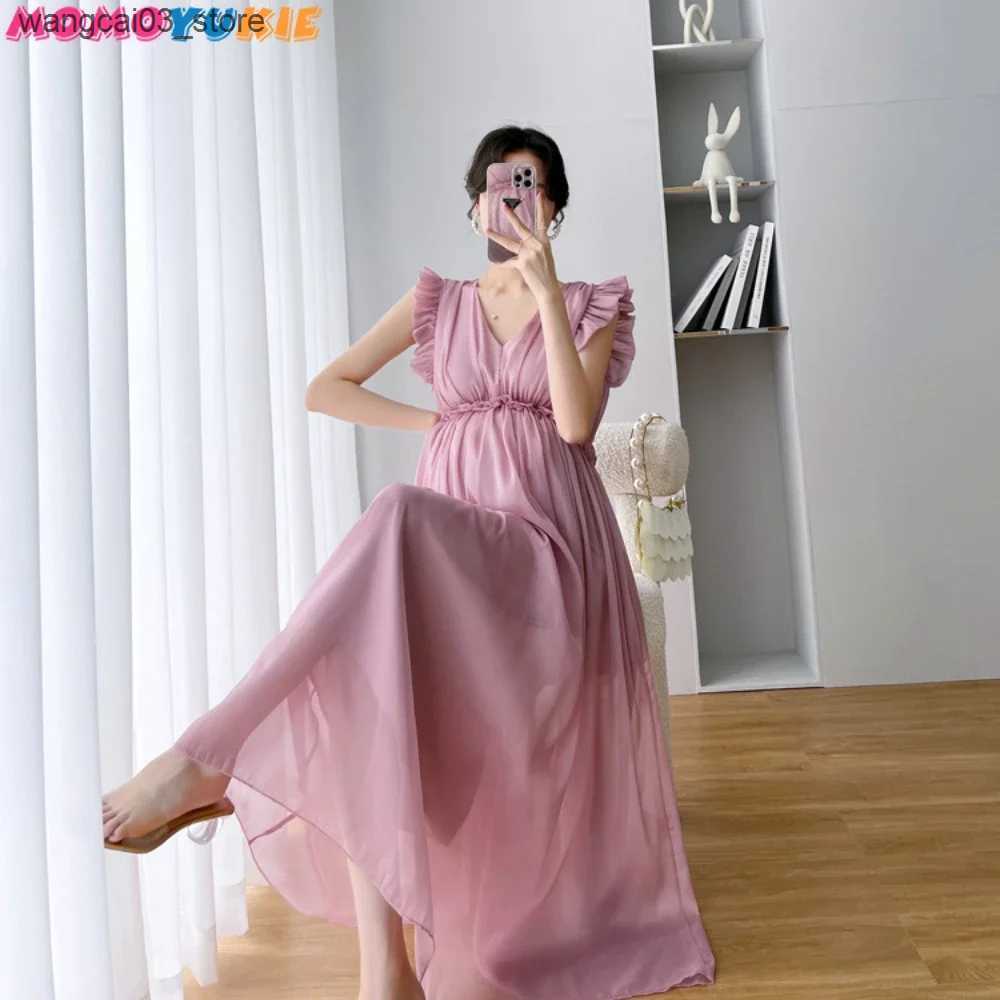 Maternity Dresses Summer Party Dresses Maternity Fairy Dress Petal Sleeve High Waist V-neck Pregnant Women Dress Sleeveless Princess Chiffon Dress L24