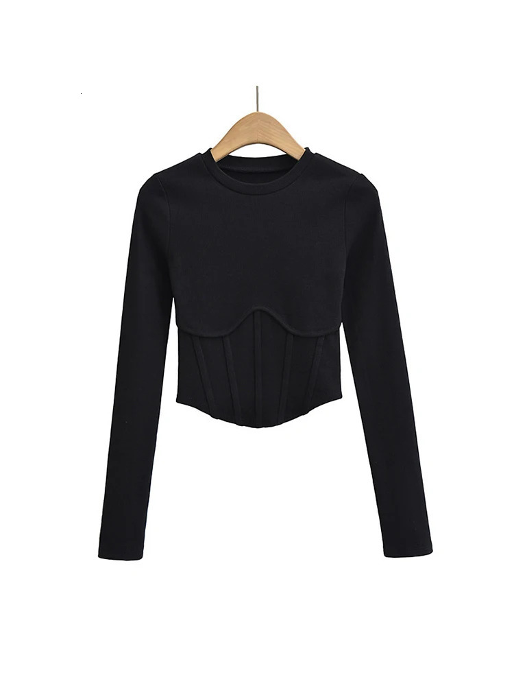 Vintage y2k streetwear white crop tops women long sleeve tees sexy o neck cropped t shirt bright line black cute ribbed 241011