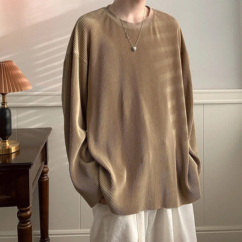 Loose Autumn Men Long Sleeve T Shirts Fashion O Neck Vertical Lines Solid Color Casual Men T Shirt Tops 241011