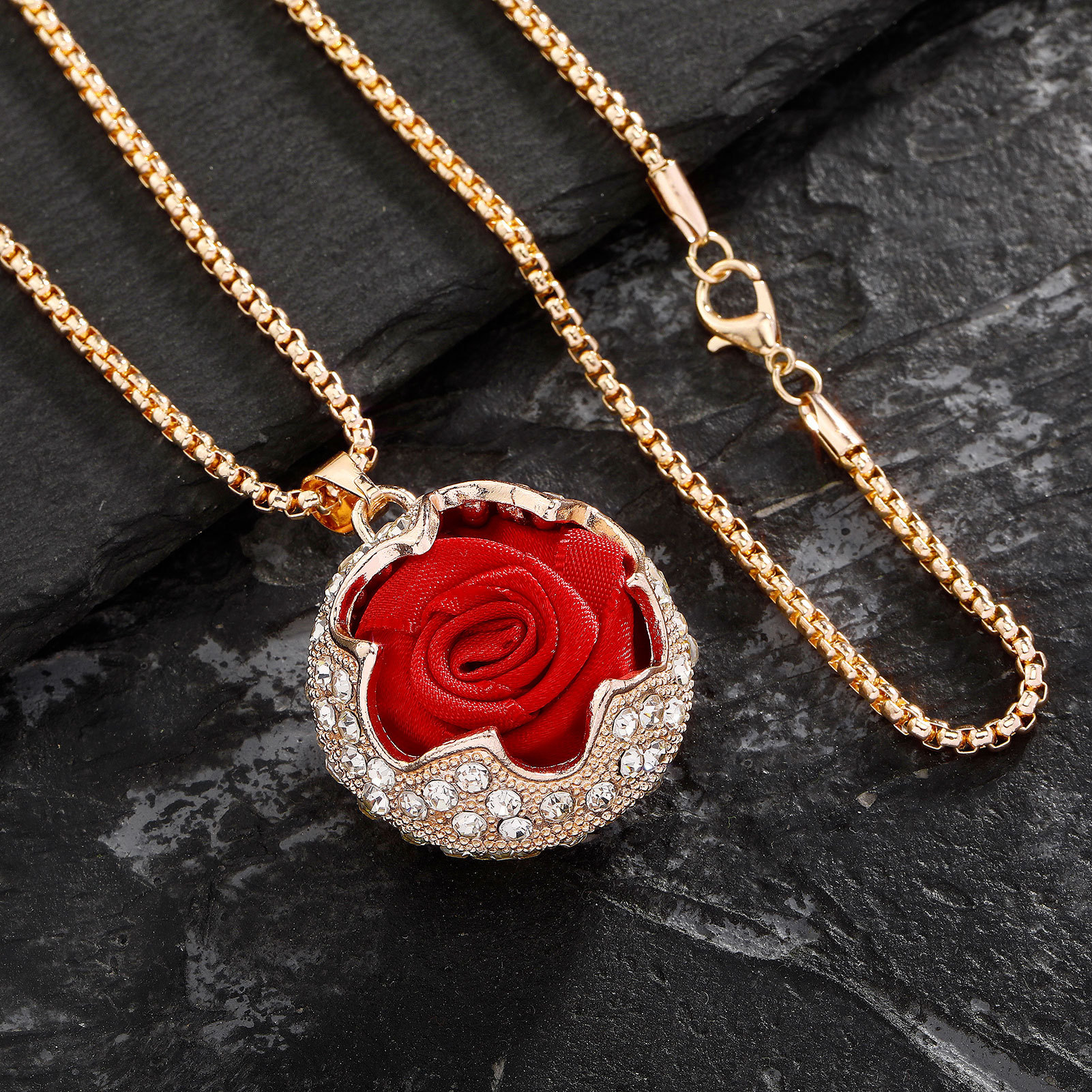 Double Sides Rose Flower Pendant Necklace Gold Plated Sweater Chain Jewelry Girl Women Gift