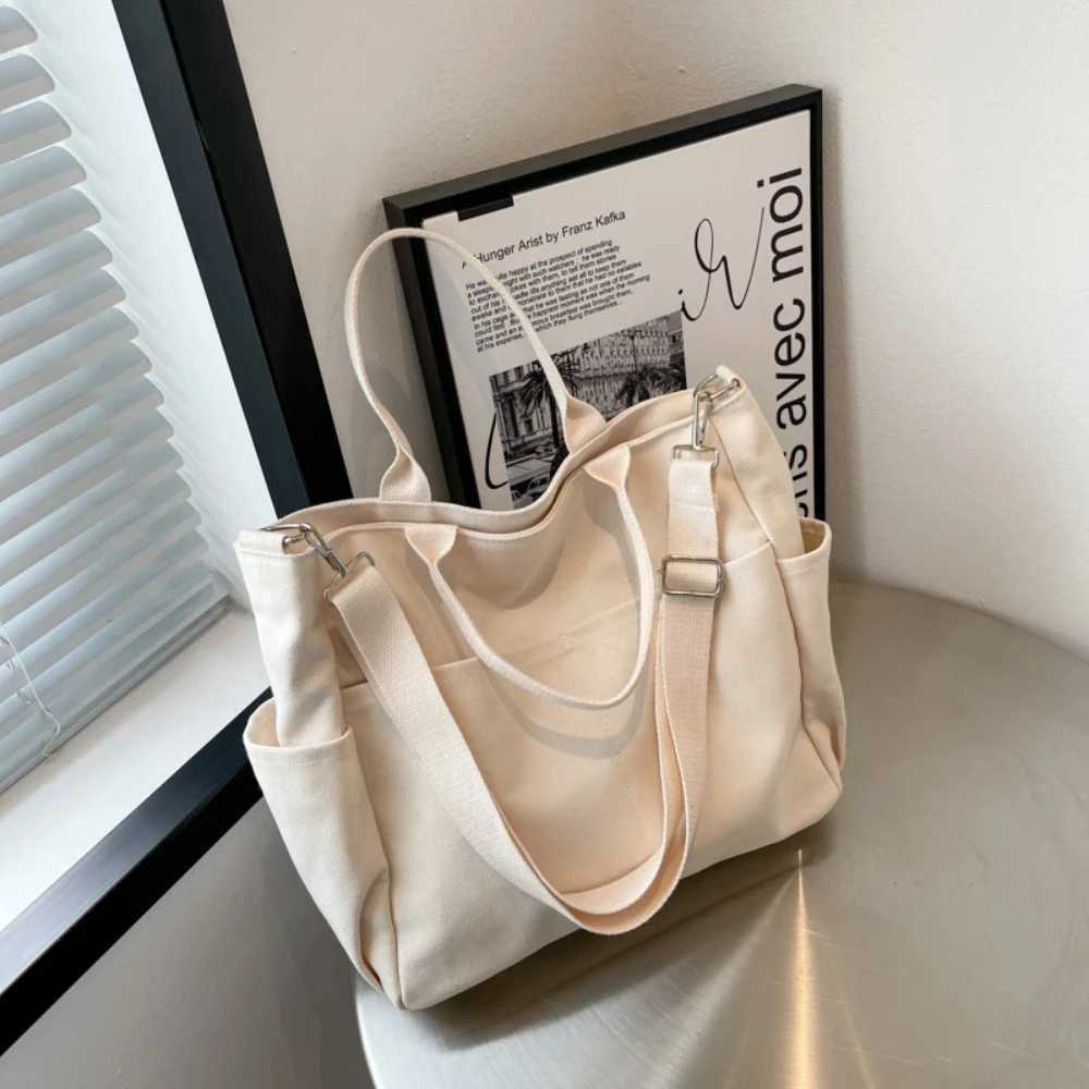 Ins Lazy Wind Canvas Large Bag New Korean Version Single Shoulder Horizontal Bag Womens Simple Literature Solid Color Y241011